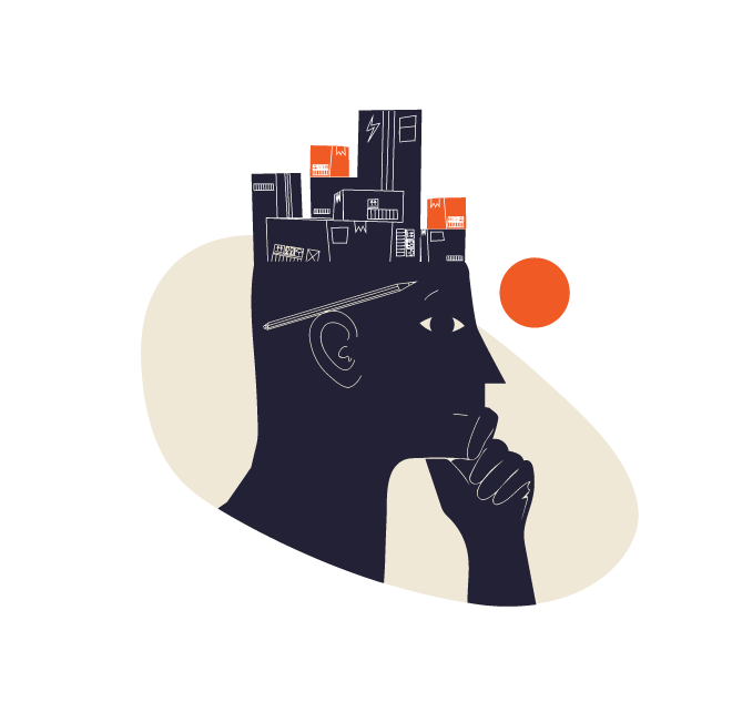 a man with a city on his head