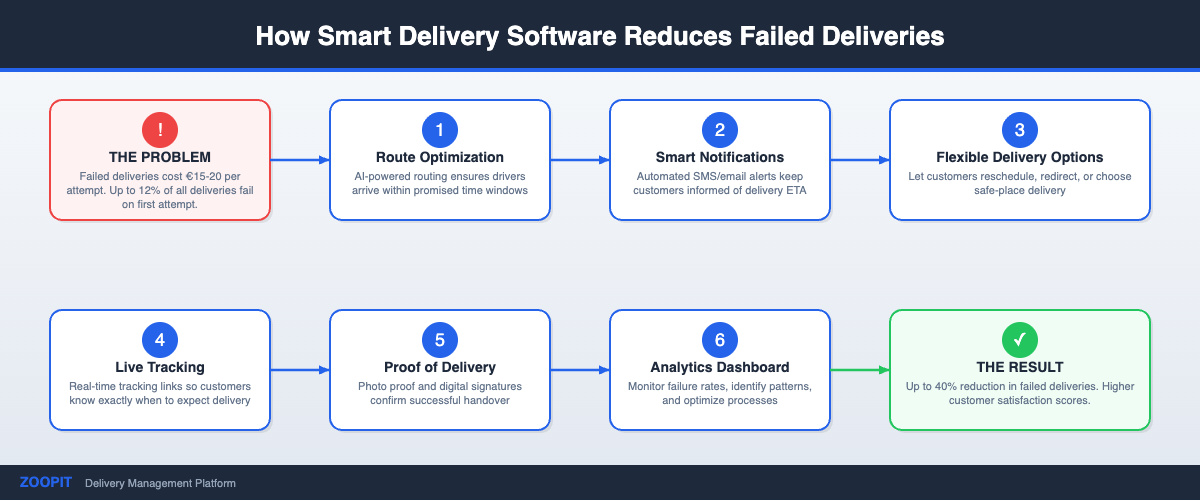 How to reduce failed deliveries workflow diagram showing route optimization smart notifications and proof of delivery