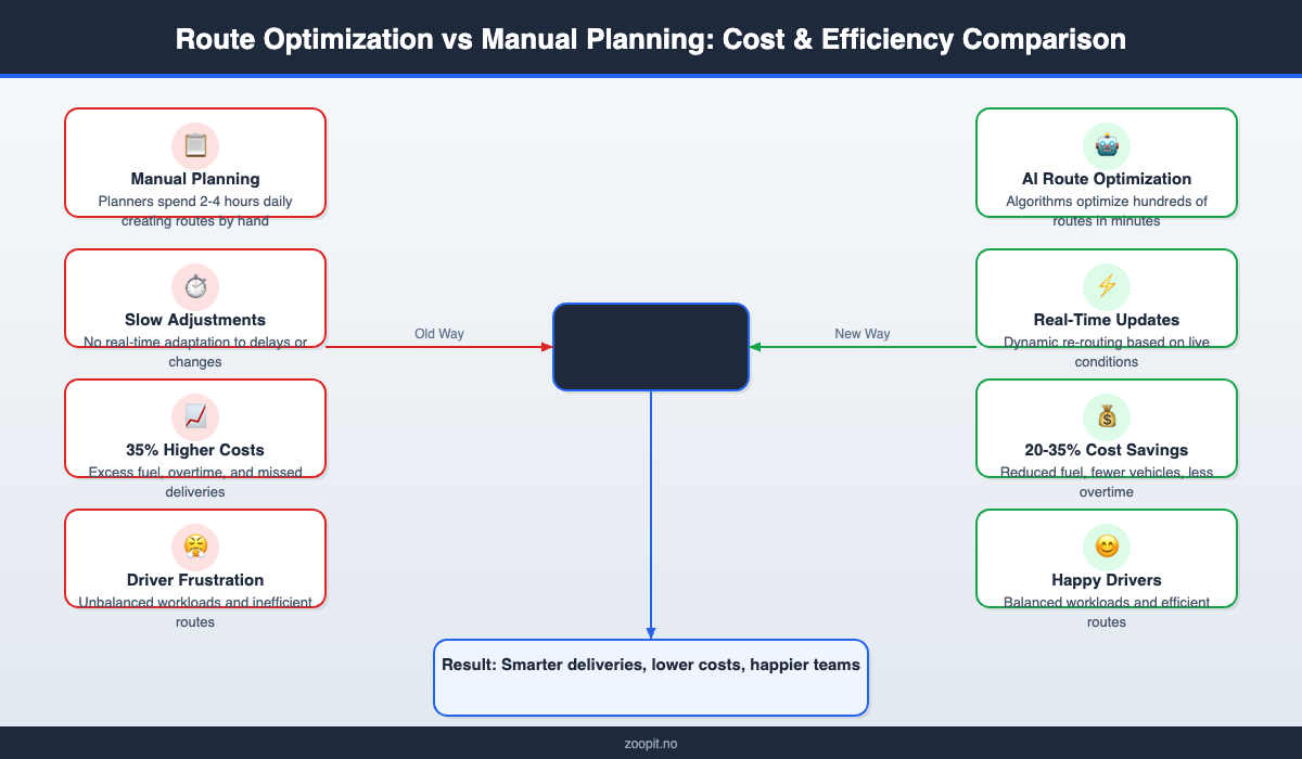 Comparación de costes entre la optimización de rutas y la planificación manual infografía que muestra la diferencia de costes 35%